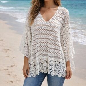 Johnny Was Ivory Crochet Lace Poncho Top Cotton Boho Festival 4Loveandliberty
